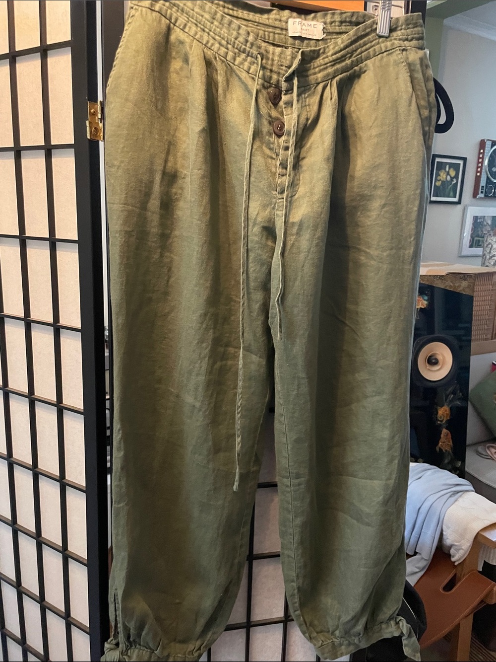 Frame Linen Olive Drawstring Cargo Pants
